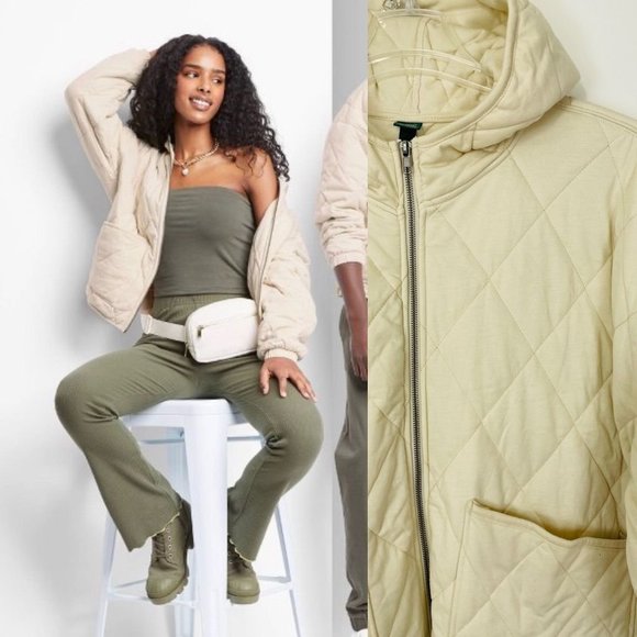 Universal Thread Jackets & Blazers - Wild Fable Womens Quilted Jacket Extra Large Ivory Puffer Zip Pockets Hooded New